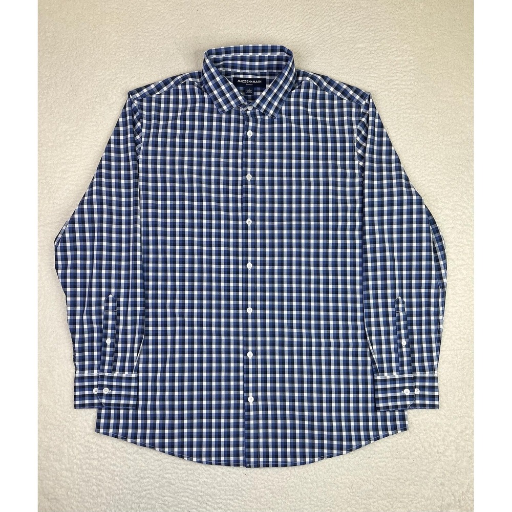 Mizzen+Main Leeward Dress Shirt Mens Large Blue Gingham Classic Fit Stretch LS